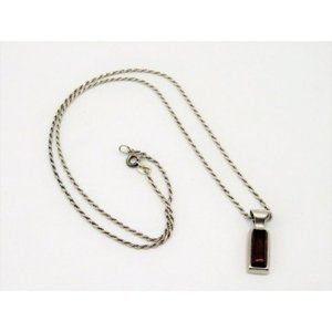 Sterling Silver Rectangle Pendant w Amber Stone on 19  Rope Chain Vtg